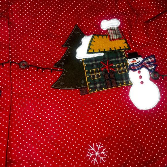 Embroidered Red polka dot Holiday snowman christmas women's Button Up shirt Med - Picture 4 of 5